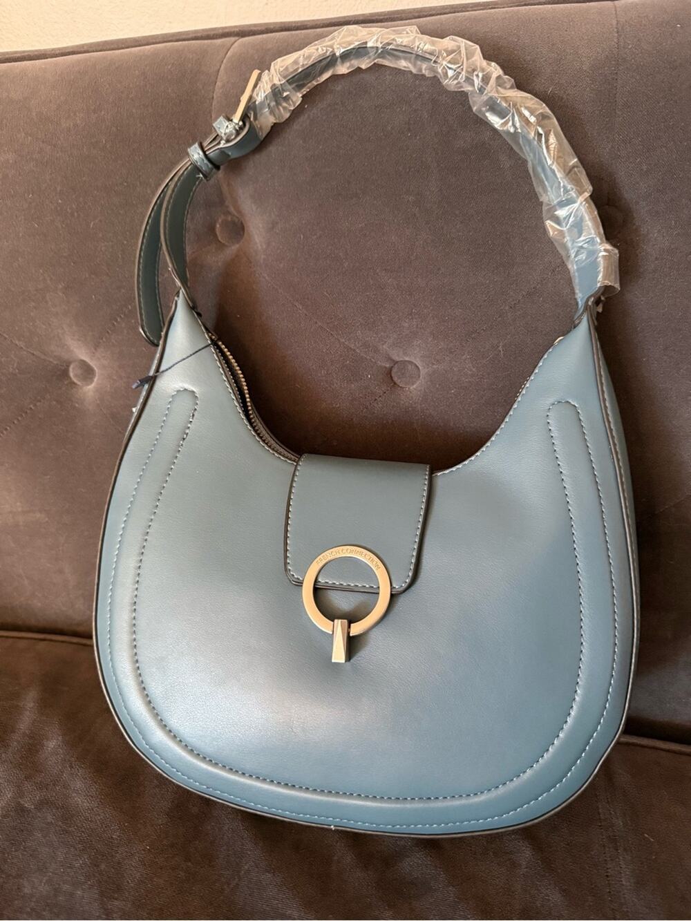 Teal Leather Crescent Shoulder Bag with Silver Ring Accent